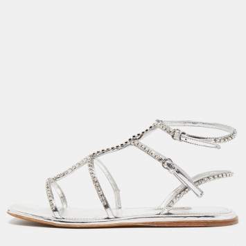 Pre Owned Miu Miu Silver Leather Crystal Embellished Flat Sandals Size 38.5