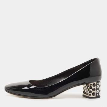 Pre Owned Miu Miu Black Patent Leather Crystal Embellished Heel Pumps Size 37