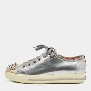 Pre Owned Miu Miu Silver Patent Crystal Embellished Cap Toe Sneakers Size 35.5
