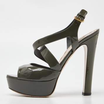 Pre Owned Miu Miu Olive Green Patent Leather Platform Ankle Cross Strap Sandals Size 39