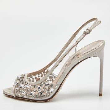 Pre Owned Miu Miu Silver Satin and PVC Crystal Embellished Slingback Pumps Size 36