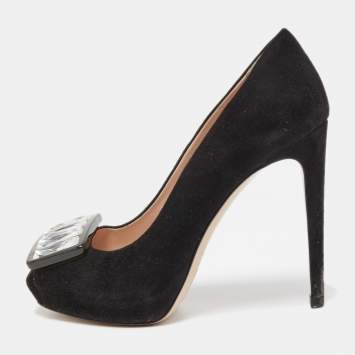 Pre Owned Miu Miu Black Suede Crystal Embellished Peep Toe Pumps Size 35.5