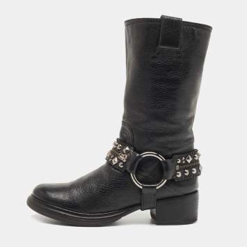 Pre Owned Miu Miu Black Leather Studded Accents Riding Mid Calf Boots Size 36.5