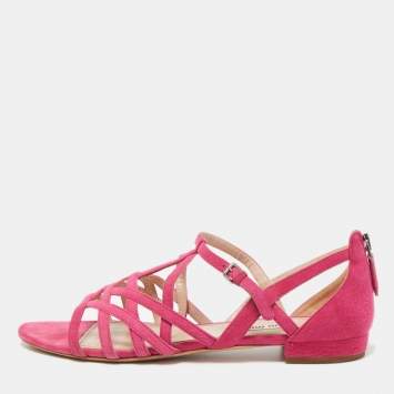 Pre Owned Miu Miu Pink Suede Strappy Flat Sandals Size 39.5