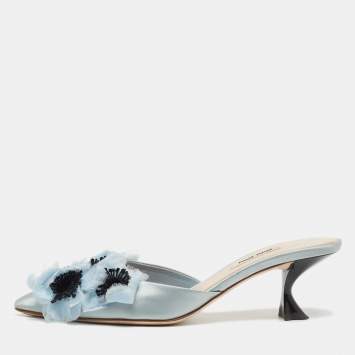 Pre Owned Miu Miu Blue Satin Floral Applique Mules Size 38
