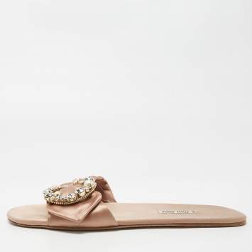 Pre Owned Miu Miu Beige Satin Knot Crystal Embellished Slide Sandals Size 40