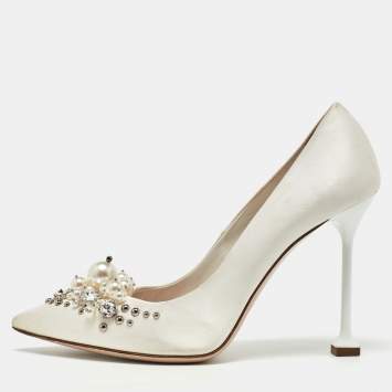 Pre Owned Miu Miu White Satin Embellished Pumps Size 37