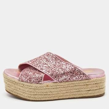 Pre Owned Miu Miu Pink Glitter Cross Strap Platform Espadrille Sandals Size 37.5