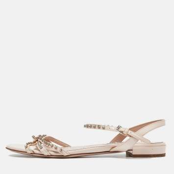 Pre Owned Miu Miu Pink Patent Leather Strappy Crystal Embellished Flat Sandals Size 38