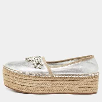 Pre Owned Miu Miu Silver Leather Crystal Embellished Platform Flats Espadrille Size 36.5