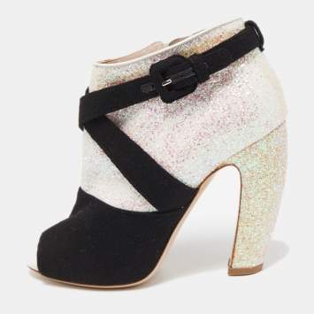 Pre Owned Miu Miu Silver/Black Glitter and Suede Peep-Toe Ankle Boots Size 38