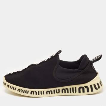 Pre Owned Miu Miu Black Stretch Knit Crystal Embellished Run Sneakers Size 40