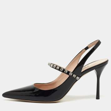 Pre Owned Miu Miu Black Patent Leather Crystal Embellished Mary Jane Slingback Pumps Size 37