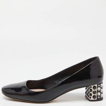 Pre Owned Miu Miu Black Patent Leather Crystal Embellished Block Heel Pumps Size 36.5