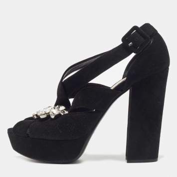 Pre Owned Miu Miu Black Suede Crystal Embellished Platform Sandals Size 40
