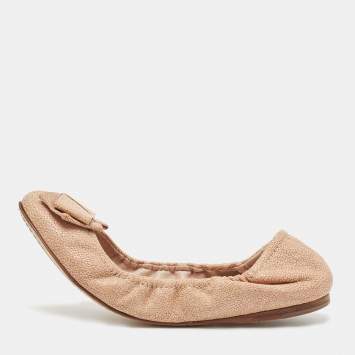 Pre Owned Miu Miu Beige Texture Leather Scrunch Bow Ballet Flats Size 39.5