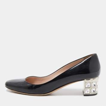 Pre Owned Miu Miu Black Patent Leather Crystal Embellished Block Heel Pumps Size 37
