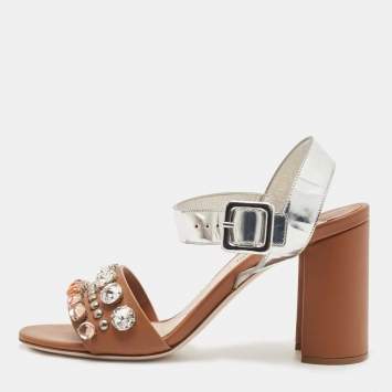 Pre Owned Miu Miu Brown/Silver Leather Crystal Embellished Ankle Strap Sandals Size 37