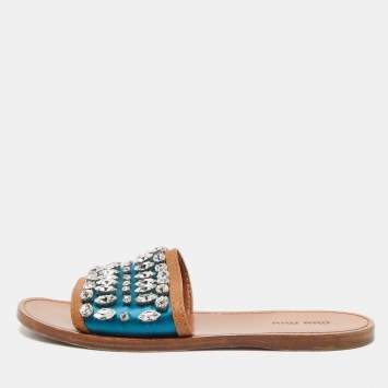 Pre Owned Miu Miu Blue/Brown Satin and Leather Crystal Embellished Flat Slides Size 37.5