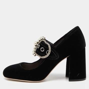 Pre Owned Miu Miu Black Velvet Pearl Embellished Mary Jane Pumps Size 38.5