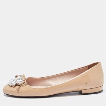 Pre Owned Miu Miu Beige Patent Leather Crystal Embellished Ballet Flats Size 38