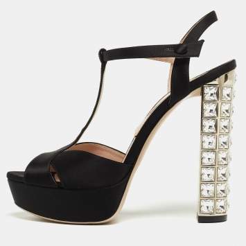 Pre Owned Miu Miu Black Satin Crystal Embellished Platform Ankle Strap Sandals Size 38.5