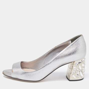 Pre Owned Miu Miu Silver Leather Crystal Block Heel Open Toe Pumps Size 38