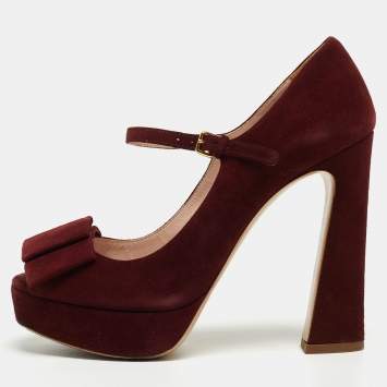 Pre Owned Miu Miu Burgundy Suede Mary Jane Bow Peep Toe Platform Pumps Size 36.5