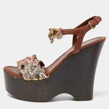 Pre Owned Miu Miu Brown Leather and Embroidered Fabric Wedge Platform Ankle Strap Sandals Size 37