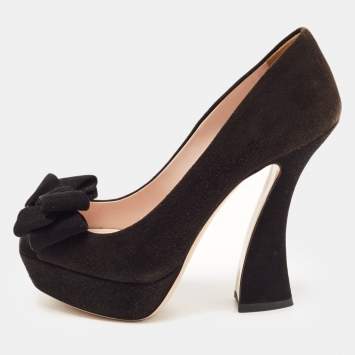 Pre Owned Miu Miu Black Suede Bow Peep Toe Platform Pumps Size 36
