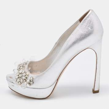 Pre Owned Miu Miu Silver Leather Embellished Peep Toe Platform Pumps Size 36.5