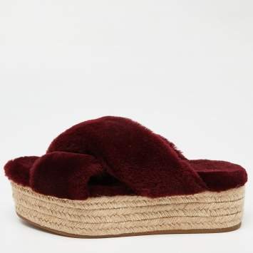 Pre Owned Miu Miu Burgundy Wool Cross Strap Platform Espadrille Sandals Size 39