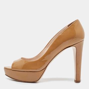 Pre Owned Miu Miu Beige Patent Leather Peep Toe Platform Pumps Size 36