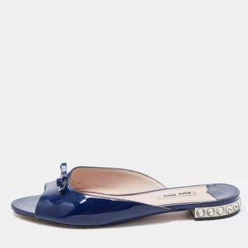 Pre Owned Miu Miu Navy Blue Patent Leather Bow Detail Jeweled Heel Flat Slides Size 39