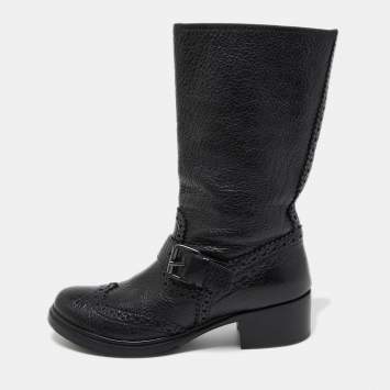 Pre Owned Miu Miu Black Brogue Leather Buckle Detail Mid Calf Boots Size 38.5