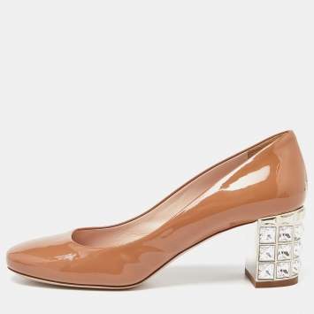 Pre Owned Miu Miu Beige Patent Leather Crystal Embellished Block Heel Pumps Size 38