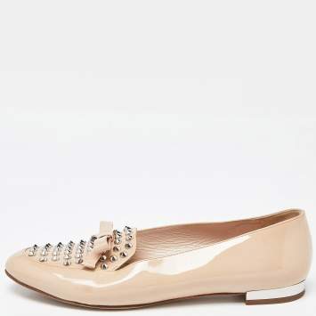 Pre Owned Miu Miu Beige Patent Leather Bow Spiked Flats Size 36.5 