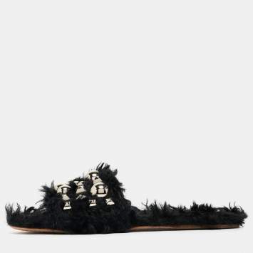 Pre Owned Miu Miu Black Fur Crystal Embellished Flat Slides Size 36