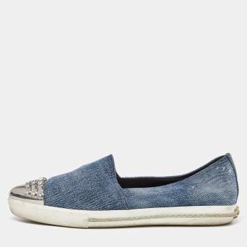 Pre Owned Miu Miu Blue Denim Crystals Embellished Slip On Loafers Size 38.5