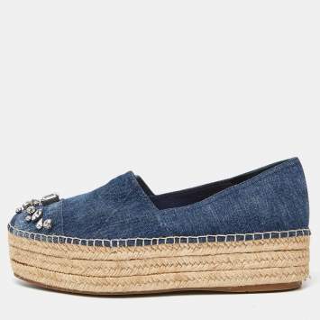 Pre Owned Miu Miu Blue Denim Crystal Embellished Cap Toe Platform Espadrilles Size 41