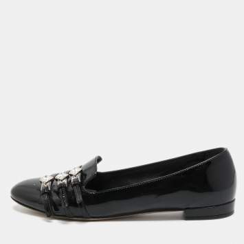 Pre Owned Miu Miu Black Patent Leather Trio Buckle Embellished Ballet Flats Size 36.5