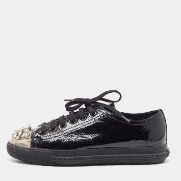 Pre Owned Miu Miu Black Patent Leather Crystal Studded Sneakers Size 37