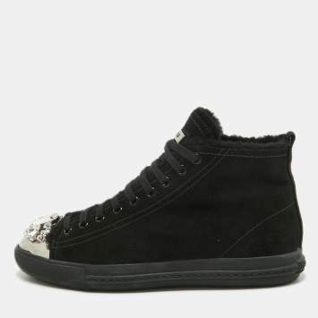Pre Owned Miu Miu Black Suede Crystal Embellished Cap Toe Sneakers Size 39