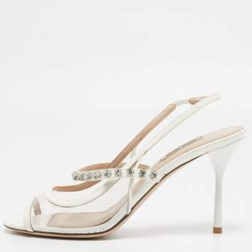 Pre Owned Miu Miu Cream Patent Leather Crystal Embellished Sandals Size 38.5