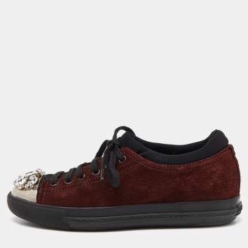 Pre Owned Miu Miu Brown/Black Suede and Neoprene Crystal Cap Toe Sneakers Size 38.5