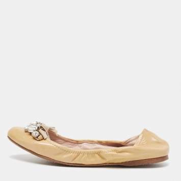 Pre Owned Miu Miu Beige Patent Leather Crystal Embellished Ballet Flats Size 39   