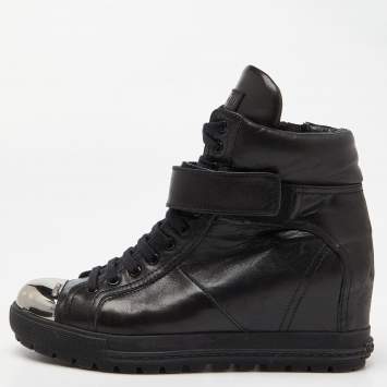 Pre Owned Miu Miu Black Leather Toe Cap Wedge Ankle Boots Size 38.5