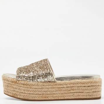 Pre Owned Miu Miu Metallic Gold Glitter Espadrille Platform Slide Sandals Size 37