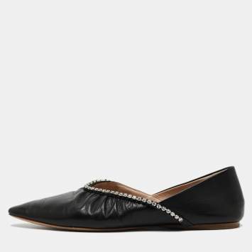 Pre Owned Miu Miu Black Leather Crystal Embellished Pointed Toe Ballet Flats Size 36