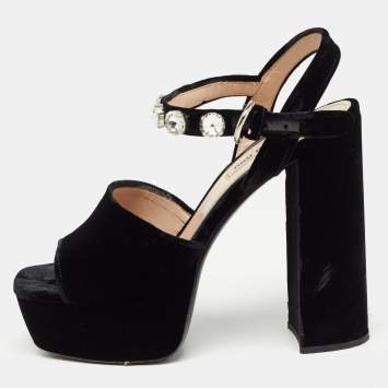 Pre Owned Miu Miu Black Suede Crystal Embellished Heel Ankle Strap Platform Sandals Size 39